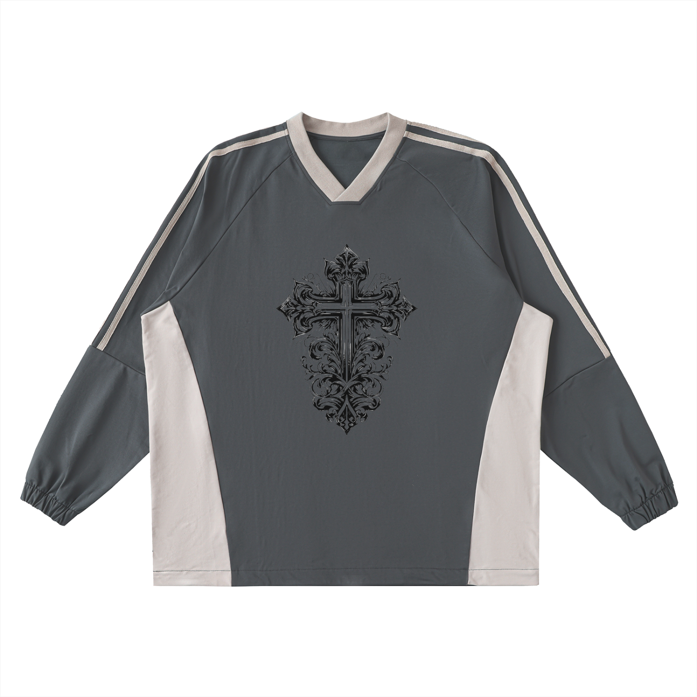 Color-Block V-Neck Long-Sleeve T-Shirt